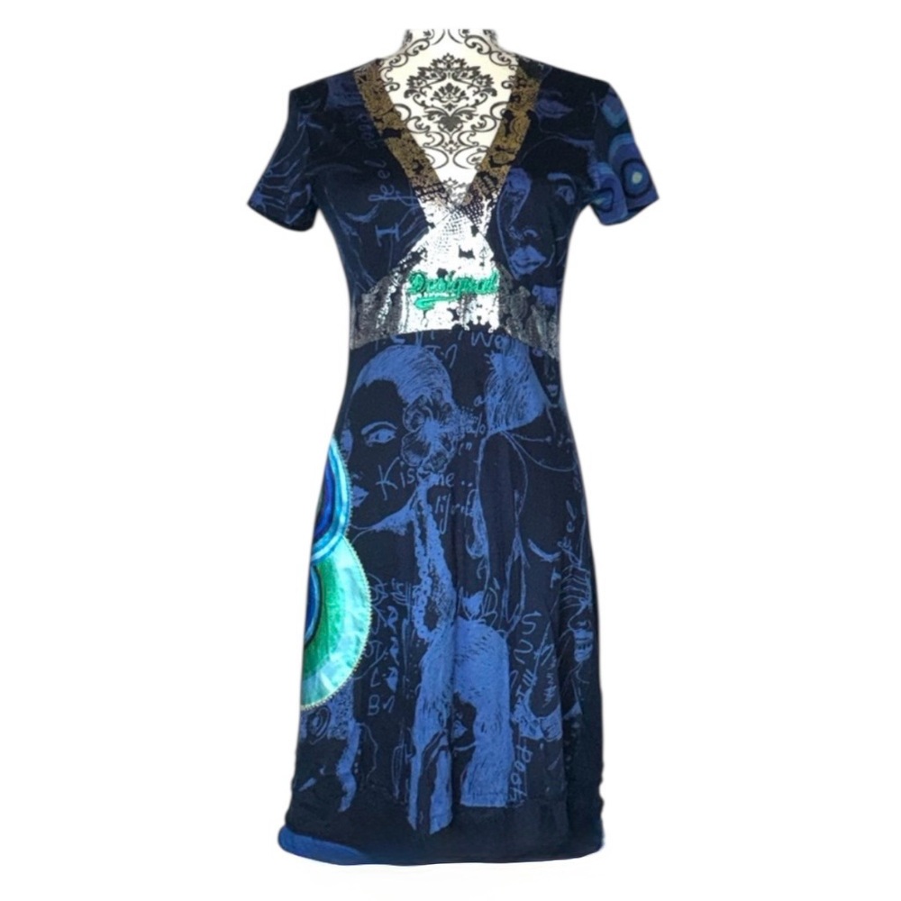 Desigual Graffiti Print Blue & Green Short Sleeve Mini Dress w Silver Decoration